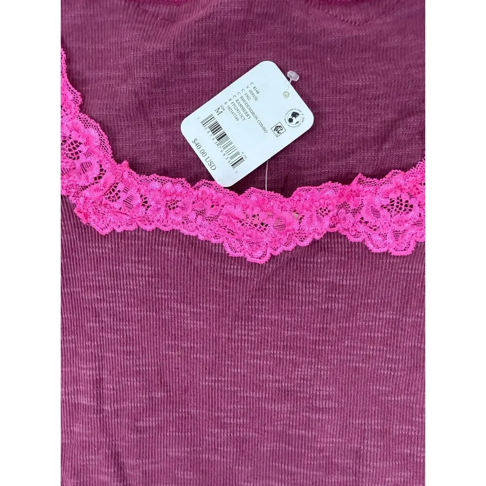 NWT Free People Womens Medium Pink Long Sleeve Layering Top Lace Trim